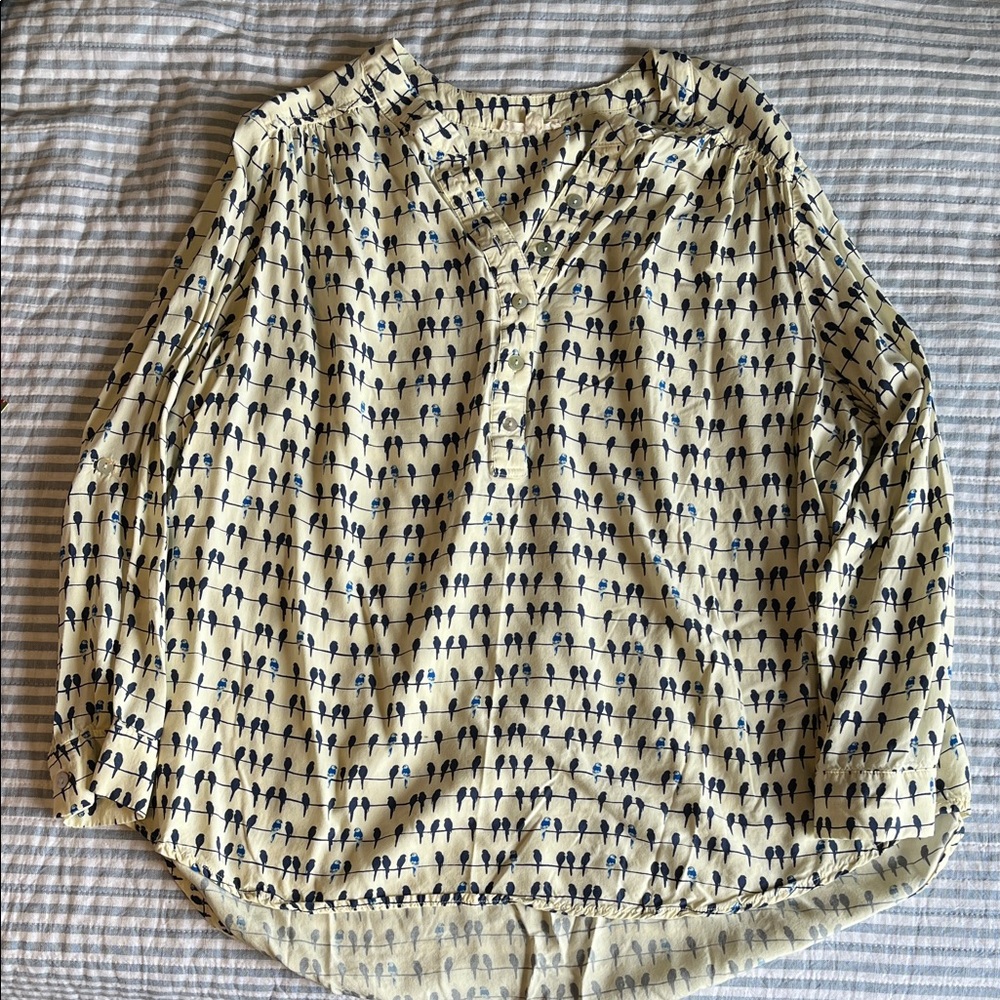 Jane and Delancey Cream Blouse with Blue Bird Pattern